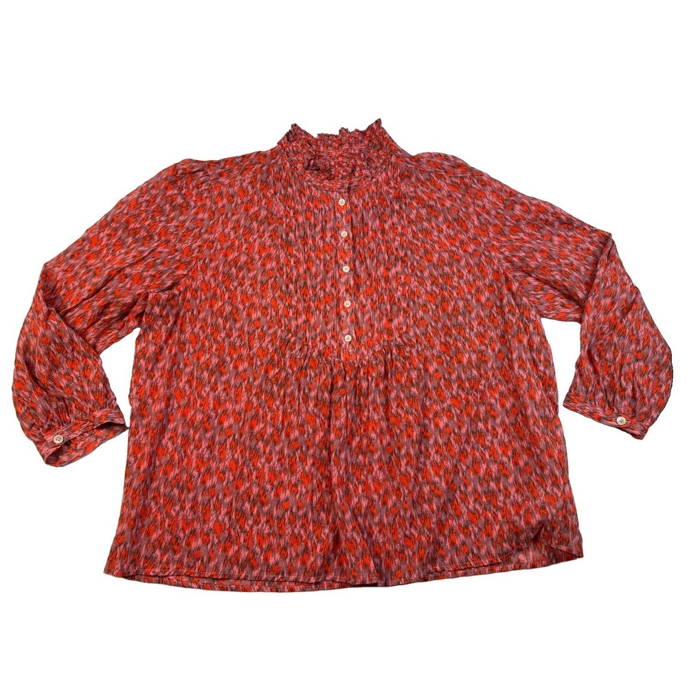 Joie Blouse Women L Red Pink Ruffle High Neck Cotton Boho Prairie Sheer Top